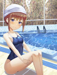 Rule 34 | 1girl, absurdres, blue eyes, blue one-piece swimsuit, brown hair, commentary request, competition school swimsuit, dalian (wlals088), fence, head tilt, highres, new school swimsuit, one-piece swimsuit, original, pool, pool ladder, school swimsuit, short hair, sitting, solo, swim cap, swimsuit, thighs, water