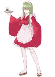 Rule 34 | 1girl, absurdres, angry, apron, blunt bangs, dress, drink, frills, full body, glass, green eyes, green hair, hand on own hip, highres, hizamaru (tenka hyakken), holding, holding tray, japanese clothes, long hair, long sleeves, looking at viewer, maid, maid apron, maid headdress, onasu (sawagani), red dress, sandals, shaded face, sidelocks, solo, standing, tenka hyakken, thighhighs, tray, v-shaped eyebrows, wa maid, white background, white thighhighs, wide sleeves, zouri