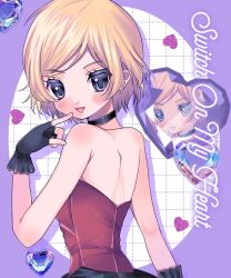 Rule 34 | 1girl, :d, backless outfit, bare shoulders, black choker, black gloves, blonde hair, blue eyes, choker, commentary, english commentary, finger to cheek, fingerless gloves, from behind, gloves, hand up, heart, highres, looking at viewer, looking back, open mouth, pretty rhythm, pretty rhythm aurora dream, pretty series, red shirt, shirt, short hair, smile, solo, takamine mion, upper body, yuni (ramm sweet)