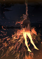 Rule 34 | 1girl, bare legs, bottomless, brown eyes, cloud, fireworks, hanging, holding another&#039;s wrist, lake, looking up, midriff, mountain, naked shirt, navel, night, open clothes, open mouth, open shirt, original, personification, reflection, shirt, sky, sparkler, yoshino ryou
