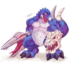 Rule 34 | 1other, deltamon, digimon, digimon (creature), highres, horns, other focus, sharp teeth, skull, solo, tail, teeth