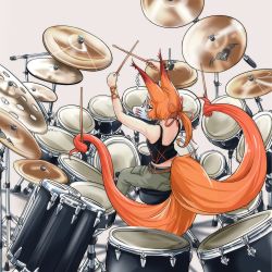 Rule 34 | 1girl, animal ears, arms up, back, bare shoulders, beige background, belt, black shirt, commentary request, doitsuken, drum, drum set, drumsticks, fox ears, fox girl, fox mask, fox tail, from behind, green pants, hands up, highres, holding, holding stick, instrument, long hair, looking at viewer, looking back, mask, multiple tails, nail polish, orange hair, original, pants, ponytail, prehensile tail, red eyes, red nails, shirt, simple background, sitting, sleeveless, sleeveless shirt, solo, stick, tail, two tails, wristband