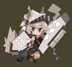 Rule 34 | 1girl, absurdres, animal ears, arknights, armor, ashlock (arknights), black eyes, blush, chibi, commentary, full body, green background, grey hair, gun, helmet, highres, holding, holding gun, holding shield, holding weapon, jitome, looking at viewer, nuu (nu-nyu), open mouth, shield, simple background, solo, squirrel ears, squirrel girl, squirrel tail, tail, weapon