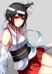 Rule 34 | 10s, 1girl, alternate hair length, alternate hairstyle, bare shoulders, black hair, detached sleeves, eyebrows, fusou (kancolle), fusou kai ni (kancolle), grey background, hair ornament, hairband, headband, japanese clothes, kantai collection, konkito, light smile, looking at viewer, miniskirt, nontraditional miko, obi, red eyes, red skirt, sash, short hair, simple background, skirt, solo