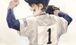 Rule 34 | 1boy, ace of diamond, arms up, back, baseball cap, baseball glove, baseball jersey, baseball uniform, blue shirt, brown hair, clenched hand, closed eyes, hat, highres, jersey, male focus, open mouth, sawamura eijun, shirt, short hair, smile, solo, sportswear, taichi01, upper body