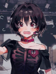 Rule 34 | 1girl, ahoge, alternate costume, alternate hair color, black hair, blush, collar, collarbone, crying, crying with eyes open, dohyo123123, earrings, fang, flying sweatdrops, hair intakes, heart, heart on chest, idolmaster, idolmaster cinderella girls, jewelry, off shoulder, pill earrings, pink eyes, shirt, skeleton print, stage lights, t-shirt, tears, wavy mouth, yumemi riamu