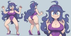 Rule 34 | 1girl, @ @, ahoge, ass, bare shoulders, blue background, blue eyes, blue hair, breasts, cleavage, closed mouth, collarbone, covered navel, cowboy shot, creatures (company), from behind, full body, game freak, hair between eyes, hairband, hex maniac (pokemon), high heels, highres, large breasts, leotard, long hair, messy hair, multiple views, nintendo, open mouth, pokemon, pokemon xy, purple footwear, purple leotard, simple background, sleeveless, smile, solo, spread legs, standing, stealth brock