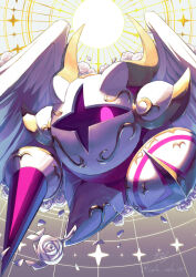 Rule 34 | 1boy, absurdres, cola cola00, commentary request, flying, galacta knight, highres, holding, holding polearm, holding weapon, horns, kirby (series), light, looking at viewer, looking down, male focus, mask, nintendo, polearm, purple eyes, shadow, shield, solo, super kirby clash, weapon, wings