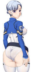 Rule 34 | 10s, 1girl, ass, bad id, bad pixiv id, belt, belt skirt, blue hair, blunt bangs, bodysuit, braid, breasts, cameltoe, covered erect nipples, cowboy shot, cropped jacket, emblem, expressionless, fin e ld si laffinty, fingernails, french braid, from behind, highres, jacket, large breasts, leotard, long image, looking at viewer, looking back, masa yuki, nipples, open clothes, open jacket, puffy nipples, purple eyes, rinne no lagrange, see-through, short hair, simple background, skin tight, sleeves past wrists, solo, tall image, thighhighs, thighs, trefoil, white background, white thighhighs, yukimasa (nkk145)