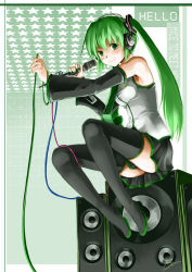 Rule 34 | boots, detached sleeves, green eyes, green hair, hatsune miku, headphones, legs, long hair, microphone, necktie, sinzire, skirt, solo, speaker, thigh boots, thighhighs, twintails, vocaloid