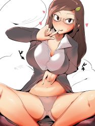 Rule 34 | 1girl, banned artist, breasts, brown eyes, brown hair, brown panties, cleavage, clothes lift, facing viewer, feet out of frame, finger to mouth, futatsuiwa mamizou, futatsuiwa mamizou (human), glasses, heart, hekiga (freelot), highres, legs apart, long hair, looking at viewer, medium breasts, navel, panties, skirt, skirt lift, solo, spread legs, thighs, touhou, underwear, white background
