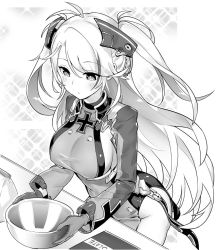 Rule 34 | 1girl, azur lane, blush, bowl, breasts, closed mouth, expressionless, gloves, greyscale, holding, holding bowl, hori (hori no su), large breasts, long hair, long sleeves, looking away, monochrome, prinz eugen (azur lane), sideboob, solo