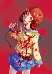 Rule 34 | 1girl, blood, blood on face, blood on clothes, blood on hands, brown hair, corpse party, curly hair, guro, long hair, open mouth, orange eyes, rope, school uniform, serafuku, shinohara seiko