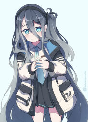 Rule 34 | 1girl, aris (blue archive), black hair, black hairband, black skirt, blue archive, blue background, blue eyes, blue necktie, closed mouth, collared shirt, grey hair, hair between eyes, hairband, jacket, kuromiya, long hair, long hair between eyes, long sleeves, necktie, one-hour drawing challenge, one side up, open clothes, open jacket, pleated skirt, puffy long sleeves, puffy sleeves, shirt, simple background, skirt, sleeves past wrists, smile, solo, standing, steepled fingers, twitter username, very long hair, white jacket, white shirt