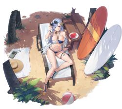 Rule 34 | 1girl, adjusting eyewear, azur lane, bare shoulders, beach chair, bikini, blue bikini, blue eyes, blue hair, blush, bracelet, breasts, choker, cleavage, closed mouth, collarbone, eyewear on head, flower, food, fruit, gluteal fold, hair flower, hair ornament, hand on eyewear, hat, highres, jewelry, large breasts, long hair, looking at viewer, mole, mole on thigh, multi-strapped bikini, multicolored bikini, multicolored clothes, navel, non-web source, official alternate costume, official art, palm leaf, palm tree, plate, see-through, see-through sleeves, skindentation, smile, solo, stomach, sun hat, sunglasses, surfboard, swimsuit, thigh strap, thighs, ticonderoga (azur lane), ticonderoga (sunshine princess) (azur lane), tomohiro kai, tree, two-tone bikini, watermelon, watermelon slice, white bikini