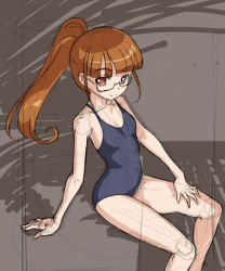 Rule 34 | 1girl, brown background, brown eyes, brown hair, glasses, long hair, looking at viewer, minami mirei, one-piece swimsuit, ponytail, pretty series, pripara, rohitsuka, school swimsuit, sitting, sketch, smile, solo, swimsuit