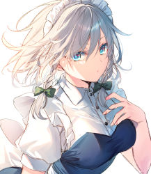 Rule 34 | 1girl, blue eyes, bow, braid, breasts, closed mouth, eyes visible through hair, fingernails, green bow, hair bow, izayoi sakuya, looking at viewer, maid, maid headdress, medium breasts, short hair, short sleeves, silver hair, simple background, solo, symbol-only commentary, toosaka asagi, touhou, twin braids, unconnected marketeers, upper body, white background