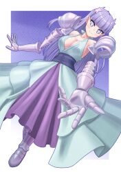 Rule 34 | amputee, aqua dress, armless amputee, armor, armored boots, armored gloves, bare shoulders, blue sash, blunt bangs, boots, breasts, cleavage, closed mouth, collarbone, cross-shaped pupils, double amputee, dress, els (ljhlee12), flower, hair flower, hair ornament, highres, large breasts, long hair, looking at viewer, pauldrons, purple eyes, purple hair, purple skirt, ragna crimson, reaching, reaching towards viewer, sash, shiny skin, shoulder armor, skirt, sleeveless, sleeveless dress, smile, starlia lese, straight hair, symbol-shaped pupils, telekinesis, very long hair