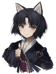 Rule 34 | 1girl, :3, absurdres, alternate hair length, alternate hairstyle, animal ears, arknights, beads, black hair, black shirt, dog ears, dog girl, facial mark, forehead mark, franlol, gloves, hand up, highres, holding, japanese clothes, long hair, portrait, purple gloves, saga (arknights), shirt, simple background, smile, solo, thumbs up, white background, yellow eyes