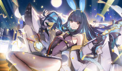 1girl animal_ears bare_shoulders belt black_gloves black_hair black_leotard blue_hair bow bowtie breasts brown_pantyhose colored_inner_hair detached_collar eyeliner fake_animal_ears fate/grand_order fate_(series) gloves grey_eyes grin highleg highleg_leotard highres jacket leotard long_hair long_sleeves looking_at_viewer makeup medium_breasts multicolored_clothes multicolored_hair multicolored_jacket no-kan off_shoulder pantyhose playboy_bunny rabbit_ears red_gloves scepter sidelocks smile solo tenochtitlan_(fate) tenochtitlan_(swimsuit_mooncancer)_(fate) tenochtitlan_(swimsuit_mooncancer)_(third_ascension)_(fate) thighs two-tone_jacket white_jacket yellow_jacket