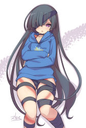 Rule 34 | 1girl, black hair, black ribbon, blue hoodie, blush, commentary request, eyepatch, fate/grand order, fate (series), fishnets, hair over one eye, hood, hoodie, leotard, leotard under clothes, long hair, looking at viewer, mochizuki chiyome (fate), open mouth, purple eyes, ribbon, shiny skin, signature, simple background, solo, standing, stroma, very long hair, white background