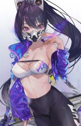 Rule 34 | 1girl, absurdres, bandeau, black hair, black pants, breasts, cleavage, collarbone, commentary, cowboy shot, goddess of victory: nikke, gun, gun on back, hair between eyes, hand up, headgear, high-waist pants, high ponytail, highres, holographic clothing, jacket, long hair, looking at viewer, mask, medium breasts, midriff, mouth mask, navel, nitrochang, off shoulder, pants, purple eyes, purple jacket, sidelocks, sin (nikke), single bare shoulder, solo, standing, strapless, very long hair, weapon, weapon on back, white bandeau, yoga pants