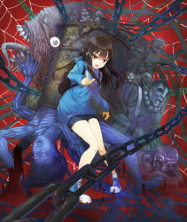Rule 34 | 1boy, 1girl, black hair, chain, drum (container), full body, ghost, highres, hirokiku, hood, hoodie, horror (theme), long hair, looking at viewer, mieruko-chan, monster, open mouth, pointing, pointing at viewer, shoes, silk, sneakers, solo, spider web, teeth, yellow eyes, yotsuya miko