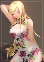Rule 34 | 1girl, aduo, blonde hair, blue eyes, breasts, china dress, chinese clothes, cleavage, commentary, dress, earrings, floral print, gigi andalusia, grey background, gundam, gundam hathaway&#039;s flash, highres, jewelry, lips, long hair, looking at viewer, medium breasts, parted lips, side slit, simple background, sleeveless, solo