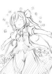 Rule 34 | 1girl, ^ ^, ascot, bad id, bad pixiv id, closed eyes, daiyousei, closed eyes, fairy wings, female focus, flower, greyscale, happy, monochrome, open mouth, outstretched arms, salmon (saaamon), short hair, side ponytail, sketch, skirt, skirt set, smile, solo, temperature, touhou, wings