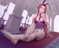 Rule 34 | 1girl, animal ears, argyle, aroddst4, bare shoulders, breasts, brown eyes, brown hair, capelet, ceiling, cleavage, collarbone, covered navel, crossed legs, detached collar, fake animal ears, feet, fishnet pantyhose, fishnets, hand up, highres, idolmaster, idolmaster cinderella girls, idolmaster cinderella girls starlight stage, indoors, leotard, long hair, looking at viewer, medium breasts, necktie, pantyhose, purple leotard, purple necktie, rabbit ears, rainbow gradient, red capelet, sidelocks, signature, sitting, soles, solo, stone pillar, toes, tongue, tongue out, white wrist cuffs, wrist cuffs, zaizen tokiko