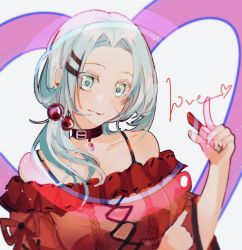 Rule 34 | 1girl, absurdres, aqua pupils, bare shoulders, belt buckle, belt collar, black camisole, blue hair, buckle, camisole, chinese commentary, collar, commentary request, cosmetics, english text, enomoto noa, green eyes, hair bobbles, hair ornament, hairclip, hand up, heart, highres, holding, holding lipstick tube, light blue hair, lipstick, lipstick tube, lipstick writing, low ponytail, makeup, parted bangs, red sweater, saibou shinkyoku, side ponytail, smeared lipstick, solo, spaghetti strap, sweater, yonghu7587840650