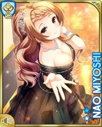 Rule 34 | 1girl, bare arms, black dress, braid, breasts, brown eyes, brown hair, card medium), character name, cleavage, closed mouth, dress, girlfriend (kari), indoors, jewelry, long hair, mansion, miyoshi nao, night, official art, qp:flapper, smile, solo, standing, tagme