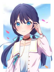 1girl blue_eyes blue_hair blue_ribbon blue_sky blush border brown_choker choker closed_mouth clothing_cutout cloud collarbone commentary_request dark_blue_hair dream_believers dress hair_ribbon hand_up highres link!_like!_love_live! long_hair long_sleeves looking_at_viewer love_live! low_twintails mano_409 murano_sayaka official_alternate_costume open_clothes open_dress pink_dress ribbon shoulder_cutout sky smile solo twintails upper_body virtual_youtuber white_border white_dress