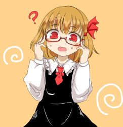 Rule 34 | 1girl, ?, @ @, bad id, bad pixiv id, bespectacled, black skirt, blonde hair, doroame (ameyu), glasses, hair ribbon, long sleeves, looking at viewer, necktie, red-framed eyewear, red eyes, red necktie, red ribbon, ribbon, rumia, semi-rimless eyewear, short hair, simple background, skirt, skirt set, solo, sweat, touhou, under-rim eyewear, vest