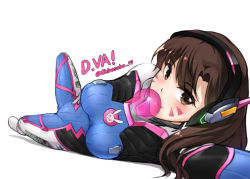 Rule 34 | 1girl, arm above head, bodysuit, breasts, brown eyes, brown hair, blowing bubbles, character name, chewing gum, clothes writing, covered navel, d.va (overwatch), facial mark, foreshortening, headphones, highres, leg up, long hair, looking at viewer, lying, medium breasts, on side, overwatch, overwatch 1, perspective, pilot suit, revision, shirosaba47, simple background, smile, solo, swept bangs, twisted torso, twitter username, whisker markings, white background