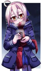 Rule 34 | 1girl, absurdres, ahoge, artoria pendragon (fate), breasts, can, canned coffee, coat, coffee, drink can, fate/grand order, fate (series), food, hair between eyes, highres, holding, holding can, long sleeves, mysterious heroine x alter (fate), mysterious heroine x alter (first ascension) (fate), open clothes, scarf, snow, snowflakes, solo, standing, tanakara, winter clothes, winter coat