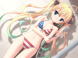 Rule 34 | 1girl, ahoge, albacore (warship girls r), american flag bikini, american flag print, aqua eyes, bikini, blonde hair, blush, breasts, closed mouth, collarbone, dutch angle, flag print, front-tie bikini top, front-tie top, gluteal fold, gradient hair, hair between eyes, halterneck, hand up, holding, holding shower head, indoors, long twintails, looking at viewer, mismatched bikini, multicolored hair, navel, print bikini, shadow, shower head, side-tie bikini bottom, side-tie bottom, small breasts, solo, standing, swimsuit, tile wall, tiles, warship girls r, water pipe, yiupui