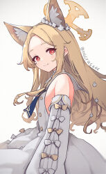 Rule 34 | 1girl, animal ear fluff, animal ears, bespin, blonde hair, blue archive, closed mouth, commentary request, cruciform halo, detached sleeves, dress, gradient background, grey background, halo, highres, long hair, looking at viewer, red eyes, seia (blue archive), smile, solo, twitter username, white dress, white sleeves, yellow halo
