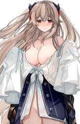 Rule 34 | 1girl, anchorage (azur lane), areola slip, azur lane, bare shoulders, blush, breasts, cleavage, closed mouth, collarbone, cowboy shot, crossed bangs, hair ornament, hands up, highres, large breasts, light brown hair, long hair, long sleeves, looking at viewer, no panties, off shoulder, open clothes, red eyes, shibaebi (yasaip game), simple background, sleeves past fingers, sleeves past wrists, solo, standing, white background