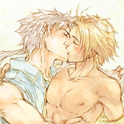Rule 34 | 00s, 1980s (style), 2boys, blonde hair, blush, dissidia final fantasy, earrings, closed eyes, final fantasy, final fantasy ii, final fantasy x, firion, jewelry, kiss, long hair, male focus, multiple boys, muscular, nipples, open clothes, open shirt, shirt, topless male, silver hair, square enix, sweatdrop, tidus, undressing, white background, yaoi