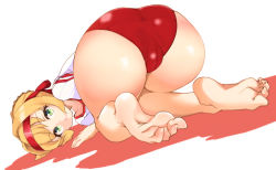 Rule 34 | 1girl, all fours, ass, barefoot, blonde hair, blush, buruma, cameltoe, denden taiko, fate/grand order, fate (series), feet, from behind, green eyes, gym shirt, gym uniform, hair bun, hair intakes, headband, highres, huge ass, looking at viewer, nero claudius (fate), nero claudius (fate) (all), nero claudius (fate/extra), shiny clothes, shiny skin, shirt, short hair, simple background, single hair bun, smile, soles, solo, toes, white background, white shirt