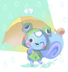 Rule 34 | 1boy, animal crossing, animal hood, aqua background, black eyes, blush, blush stickers, buttons, closed mouth, coat, commentary request, filbert (animal crossing), frog hood, furry, furry male, green coat, green raincoat, highres, holding, holding umbrella, hood, hood up, hooded coat, kopa nishikida, looking at viewer, male focus, nintendo, one eye closed, pocket, puddle, raincoat, simple background, smile, snail, solo, splashing, squirrel boy, umbrella, water, water drop, white background, yellow umbrella