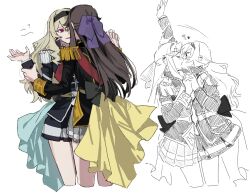 2girls 9urodine arm_up black_hairband blonde_hair blush brown_hair closed_eyes hair_ribbon hairband highres holding_another&#039;s_wrist holding_hands interlocked_fingers jacket kiss long_hair long_sleeves multiple_girls parted_lips partially_colored pleated_skirt purple_ribbon red_eyes ribbon saijou_claudine sash shoujo_kageki_revue_starlight simple_background skirt smile tendou_maya waist_cape white_background yuri