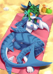 Rule 34 | 1girl, breasts, censored, cleft of venus, furry, furry female, glasses, green hair, grin, headphones, highres, long hair, nipples, pussy, shark, smile, solo, sunglasses, wolflong