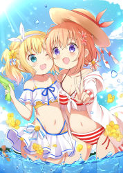 Rule 34 | 2girls, :d, absurdres, bikini, blonde hair, blue eyes, blue sky, blush, bow, breasts, brown hair, brown headwear, cleavage, cloud, collarbone, commentary request, day, flower, gochuumon wa usagi desu ka?, hair flower, hair ornament, hair ribbon, hairband, hat, highres, holding, hood, hood down, hooded jacket, hoto cocoa, jacket, kirima syaro, long sleeves, looking at viewer, medium breasts, message in a bottle, multiple girls, navel, off shoulder, one eye closed, open clothes, open jacket, open mouth, outdoors, outstretched arm, pink flower, purple eyes, ribbon, sky, small breasts, smile, standing, stick jitb, striped bikini, striped bow, striped clothes, sun, sun hat, swimsuit, twintails, v, water, water gun, white bikini, white hairband, white jacket, white ribbon, yellow flower
