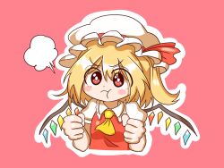 Rule 34 | 1girl, :t, puff of air, angry, ascot, blonde hair, blush stickers, breasts, clenched hands, cropped torso, crystal, flandre scarlet, frilled shirt collar, frills, hair between eyes, hat, highres, medium hair, mob cap, one side up, outline, pink background, pout, puffy short sleeves, puffy sleeves, red vest, short sleeves, simple background, small breasts, solo, touhou, v-shaped eyebrows, vest, white outline, wings, yellow ascot, zanasta0810