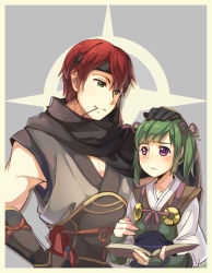Rule 34 | 1boy, 1girl, asugi (fire emblem), bad id, bad pixiv id, book, border, cousins, fire emblem, fire emblem fates, gloves, green eyes, green hair, grey (fire emblem if), highres, midori (fire emblem), nekoka nekoka, nintendo, purple eyes, red hair, scarf, simple background, twintails
