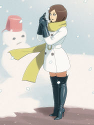 Rule 34 | 1girl, boots, brown eyes, brown hair, coat, enkaboots, gloves, high heel boots, high heels, leather, scarf, shoes, snow, thigh boots, thighhighs