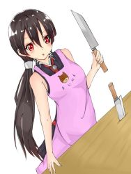 Rule 34 | 10s, 1girl, akame (akame ga kill!), akame ga kill!, apron, arm guards, black hair, kitchen knife, knife, long hair, looking at viewer, pleated skirt, red eyes, skirt, solo, standing, very long hair, white background