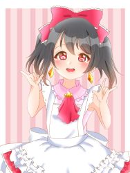 Rule 34 | 1girl, apron, artist name, artist request, bare arms, black hair, blush, bow, collared shirt, double v, female focus, frilled bow, frilled skirt, frills, from side, hair between eyes, hair bow, heart, korekara no someday, looking at viewer, looking to the side, love live!, love live! school idol festival, love live! school idol project, nico nico nii, petals, pink shirt, red bow, red eyes, shirt, sidelocks, skirt, sleeveless, sleeveless shirt, smile, solo, striped background, striped clothes, striped thighhighs, thighhighs, twintails, v, white apron, yazawa nico